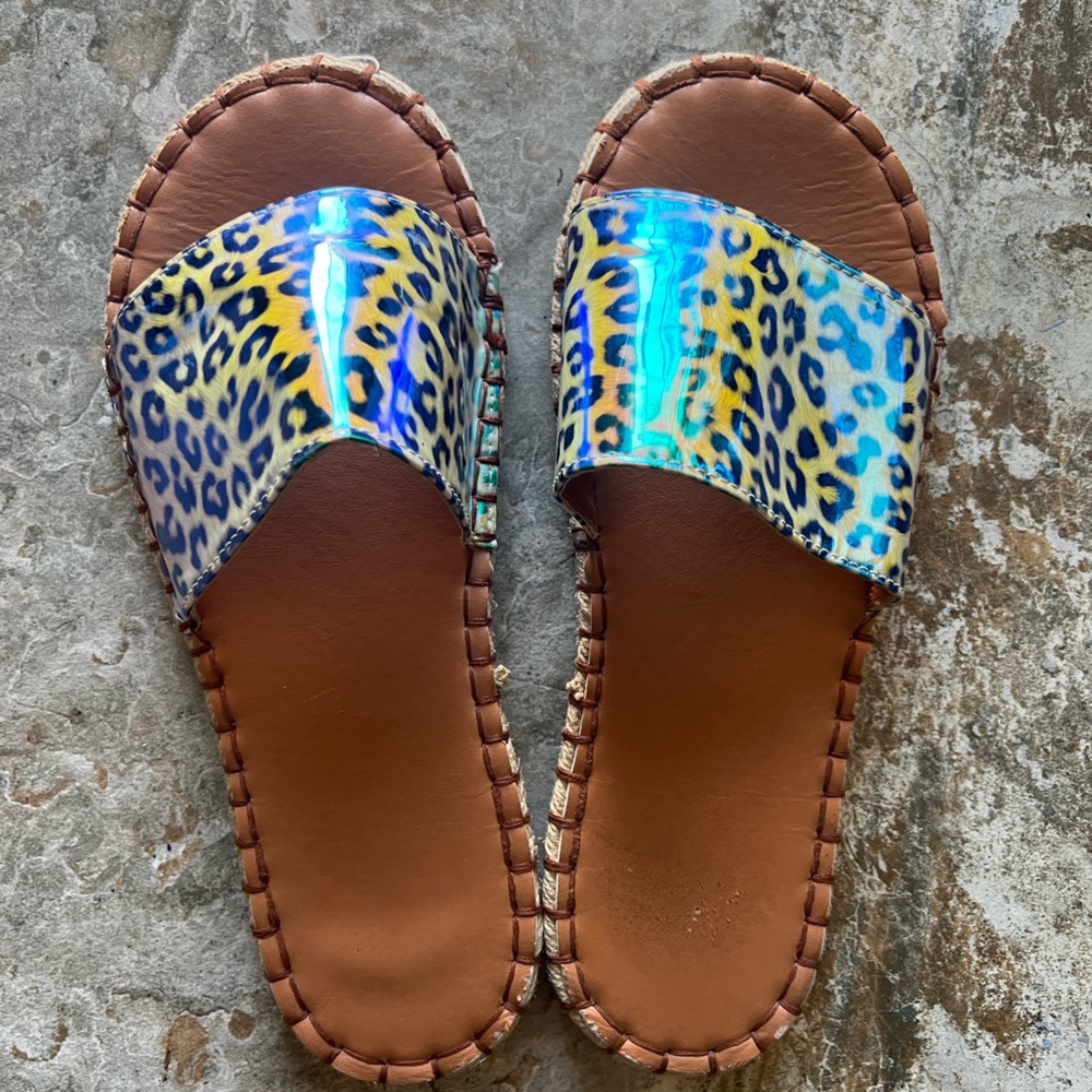 Iridescent animal print sandals size 10